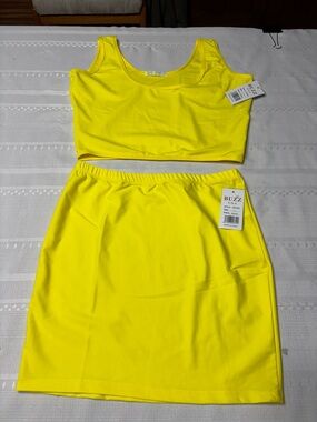 NWT-Buzz USA Neon Yellow Two-Piece Crop Top & Skirt Set